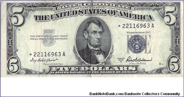 1953 $5 Silver Certificate star note, blue seal. Banknote