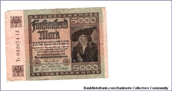 GERMANY
5000-MARK
3 OF 17
LARGE NUMBERS

TA 032674 LE Banknote