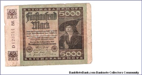 GERMANY
5000-MARK
LARGE NUMBER SERIAL NUMBER

D 123744 BK
4/17 Banknote