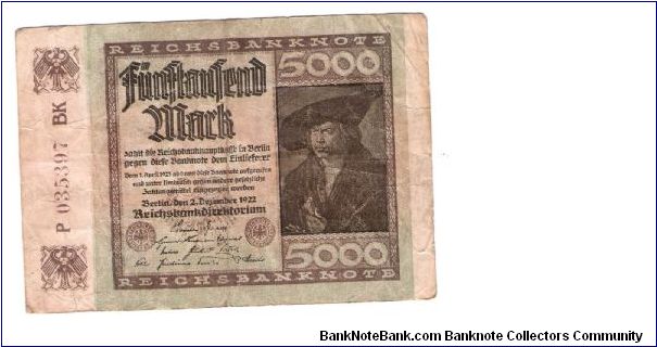 GERMANY
5000-MARK
LARGE SERIEL NUMBER
P 035397 BK
7/17 Banknote