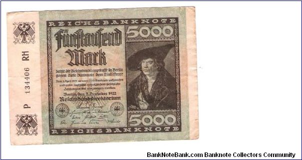 GERMANY
5000-MARK
SMALL SERIEL NUMBER
P 134406 RH
8/ OF 17 Banknote