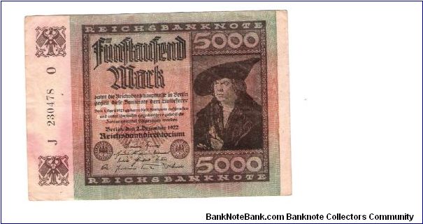 REICHSBANKNOTEN 5000-MARK  
SMALL SERIEL NUMBER
J 230478
12/ OF 17 Banknote