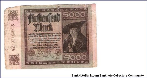 GERMANY
5000-MARK
LARGE SERIEL NUMBER
Aa 021608 S
15 OF 17 Banknote