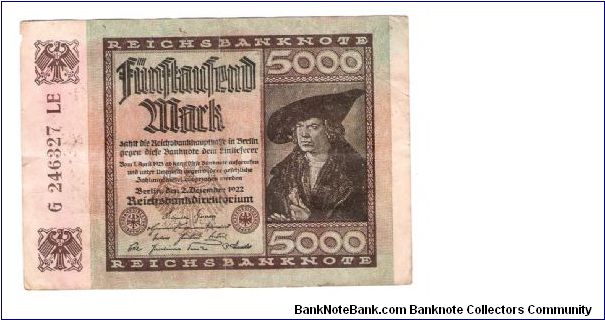 GERMANY
5000-MARK
LARGE SERIEL NUMBER
G 246327 LE
16 OF 17 Banknote