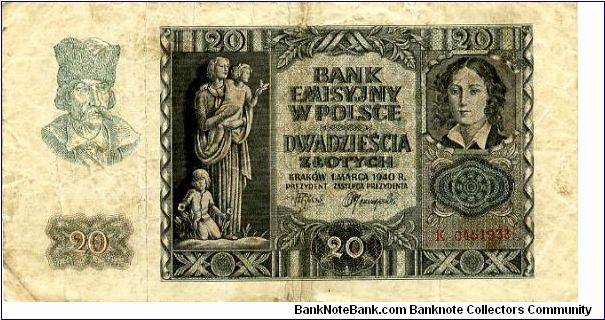 German Occupation

Krakow 1 Sep 1941
20z Olive/Cream
Front  Pesant head above value, Female Statue with children, writting in center, Female head
Rev Inner frame, statue at eather side with what looks like a church in the center
Watermark Vertical wavy lines Banknote