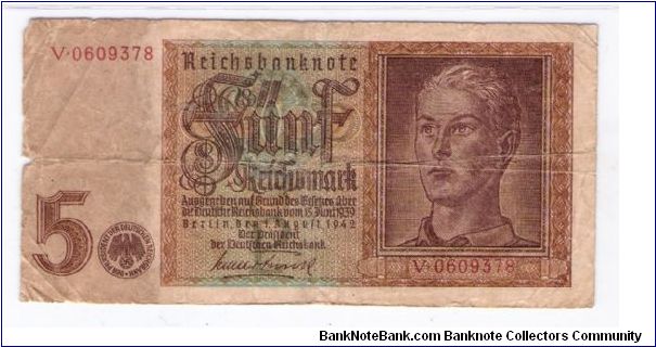 GERMANY
5-MARK
3 OF 4
SERIEL NUMBER
V-0609378 Banknote