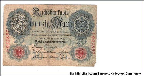 GERMANY 20 MARK
3 OF 5 DATED 1910
# J 922857 Banknote