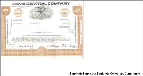 PENN CENTRAL COMPANY.
STOCK CERTIFICATE
FOR 35 SHARES

PRINTED BY 
SECURITY-COLUMBIAN
BANKNOTE COMPANY Banknote