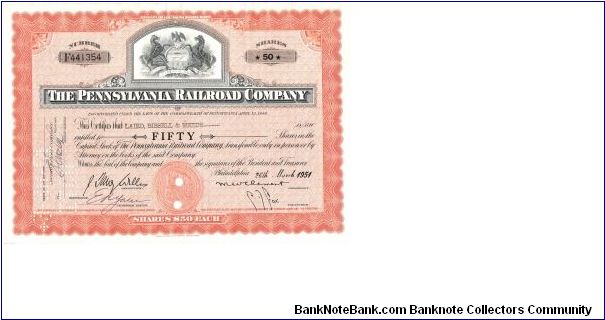 THE PENNSYLVANIA RAILROAD COMPANY
STOCK CERTIFICATE
FOR 50 SHARES
DATED        MARCH 26,1951


PRINTED BY THE 
AMERICAN BANK NOTE COMPANY Banknote