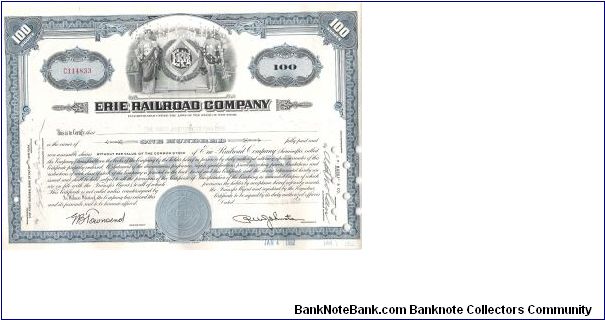 ERIE RAILROAD COMPANY  STOCK CERTIFICATE
FOR 100 SHARES


PRINTED BY THE 
AMERICAN BANK NOTE
COMPANY
# C 114833 Banknote