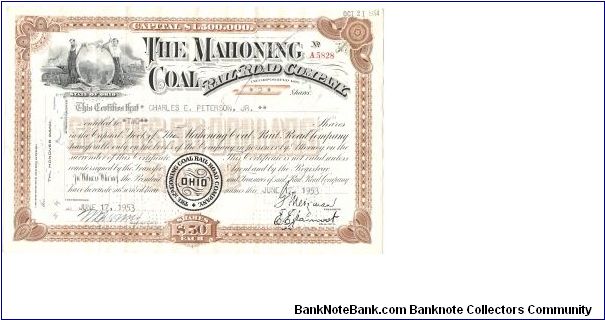 THE MAHONING COAL
AND RAIL ROAD
COMPANY OF OHIO
STOCK CERTIFICATE
FOR 2 SHARES AT $50. DOLLARS EACH

# A 5828
 DATED OCT 21 1954 Banknote