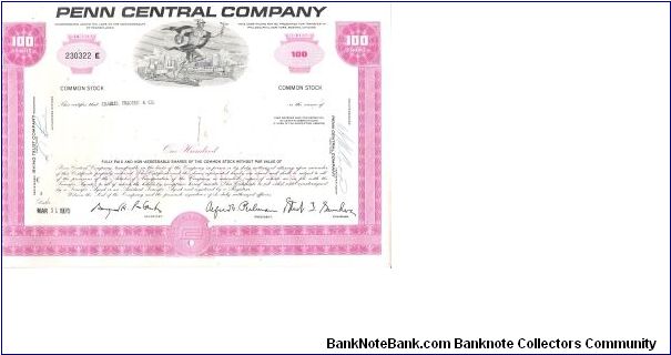 PENN CENTRAL
COMPANY STOCK CERTIFICATE FOR 100 SHARES
3 230322 E

PRINTED BY 
SECURITY-COLUMBIAN
BANK NOTE COMPANY Banknote