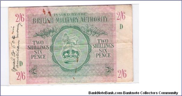 2/6
2 SHILLINGS
SIX PENCE
ISSUED BY BRITISH MILITARY AUTHORITY Banknote