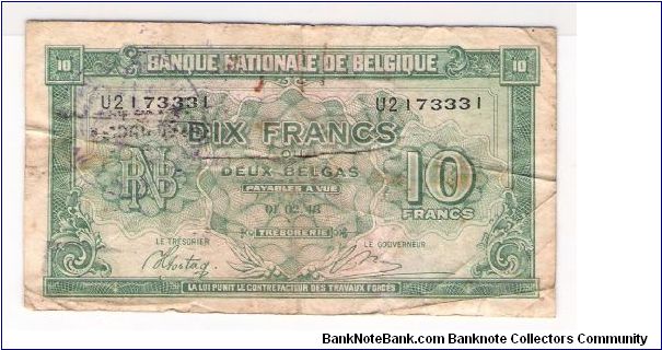 BELGIUM
10 FRANCS
SERIEL # U2173334
DATED 01.02.43

WITH A COUNTER STAMP OF SOME SORT Banknote