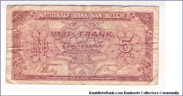 BELGIUM
5 FRANCS
DATED-01.02.43
SERIEL #
Y 1594819 Banknote
