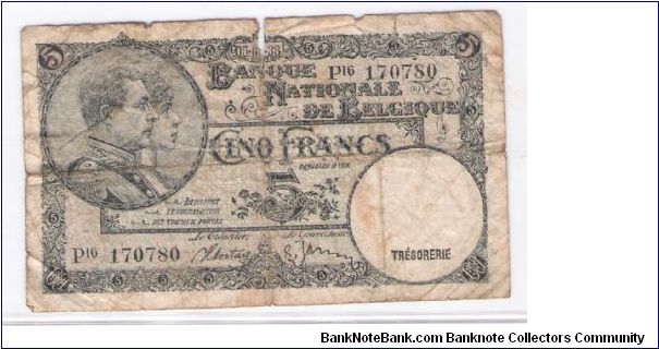 BELGIUM
5 FRANCS
DATED- 05.04.38

SERIEL #
P16 170780 Banknote