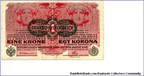 Austro/Hungarian

Vienna 2.1.1916
1 Kronen
Red/Black
Front Center staff with entwined snakes & winged heads each side above value in Austrian & Hungarian
Rev Value in all languages of the empire, Helmeted Head, value
Security Thread 
Watermark  No Banknote