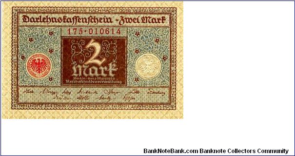 Berlin 1 Mar 1920
2 Darlehnskassenschein Mark 
Blue/Brown
Seal Red & White
Front Value in center seal either side
Rev Value in center & corners
Watermark No Banknote