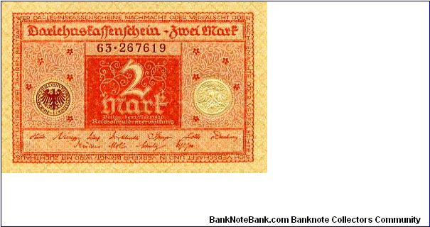 Berlin 1 Mar 1920
2 Darlehnskassenschein Mark 
Red/Brown
Seal Brown & White
Front Value in center seal either side
Rev Value in center & corners
Watermark Interlocking Diamonds Banknote