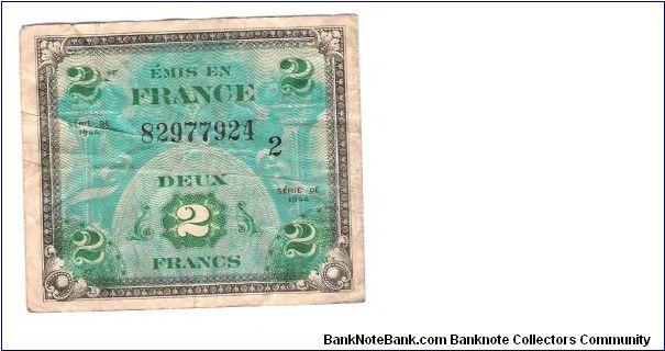 ALLIED MILITARY CURRENCY- FRANCE
SERIES OF 1944
2 FRANCS

SERIES 2

SERIAL # 82977924
15 OF 24 TOTAL Banknote