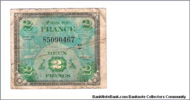 ALLIED MILITARY CURRENCY- FRANCE
SERIES OF 1944
2 FRANCS

SERIES 2

SERIAL # 85090467
21 OF 24 TOTAL Banknote