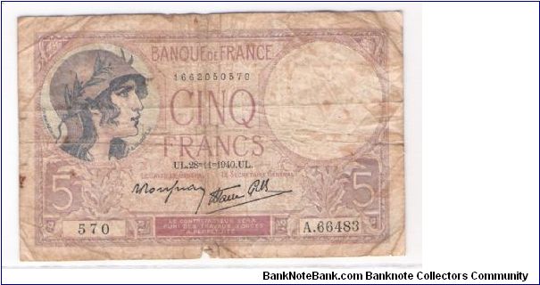FRANCE
5- FRANCS
1940
570
A.66483
1662050570 Banknote