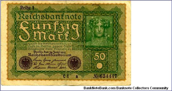 Berlin 24 Jun 1919  
50M Green
Seal Purple
Front Value in frame above seals, Girls head above value 
Rev 3 ovals 2 outer with value in center has writting
Watermark No Banknote