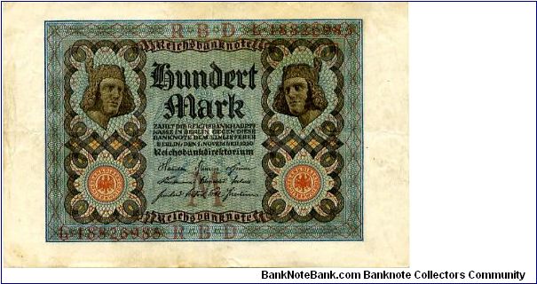 Berlin 1 Nov 1920 
100M Blue/Gray 
Seal Red
Front Head above seal on each side & value top center 
Rev  Value in corners & in center
Watermark Value Banknote