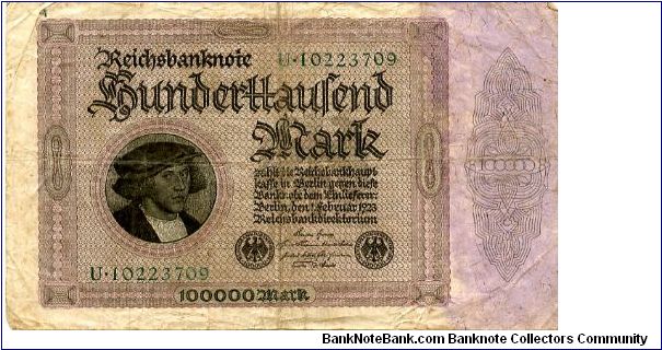 Berlin 1 Feb 1923 
100000M Pink/Black 
Seal Black
Front Mans head, Value above seals
Rev Value in fancy cachet
Watermark Yes Banknote