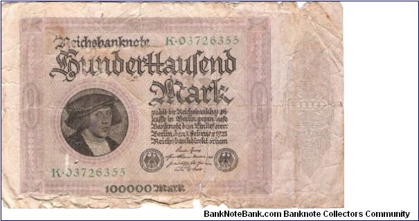 GERMANY
100,000- MARK
SERIEL # K.03726355 Banknote