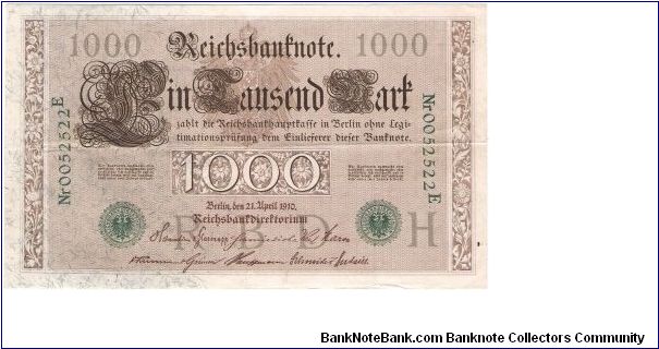 GERMANY
1000 MARK
Nr0052522E
GREENISH BLUE SERIEL 3 INSTEAD OF RED

ONE MEDIUM FOLD DOWN THE CENTERLEFT TO RIGHT Banknote