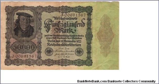 GERMANY
1922
50,000 MARK
SERIEL # J.00691567 Banknote