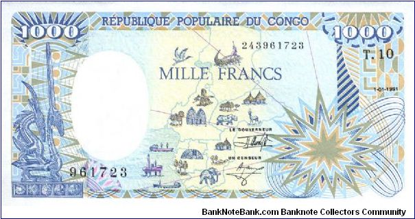 Congo Peoples Republic; 1000 Francs; Map on front; Elephant, statue antelopes and giraffe on back Banknote