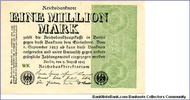 Berlin 9.8.1923
1000000M
Black/Green
Seal Black
Front Value above seals very fancy scrollwork
Rev Uniface
Watermark Yes Banknote