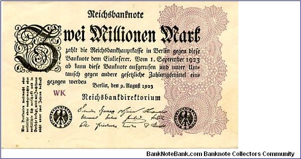 Berlin 9.8.1923
2000000M
Seal Black
Black/Mauve
Front Value above seals very fancy scrollwork
Rev Uniface
Watermark Yes Banknote