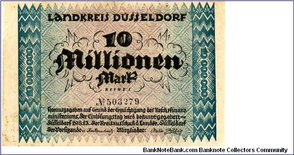 Düsseldorf 29.8.1923
10000000 M
Blue/Purple
Front Value down each edge & in center
Rev Value down each edge, Schloss Hugenport in center
Watermark Interlocking Circles Banknote