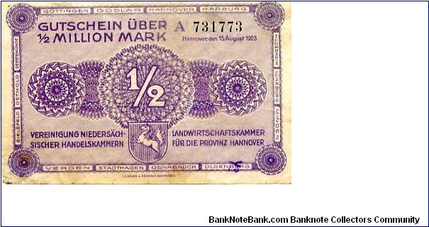 Hannover 15.8.1923
500,000 M
Mauve
Front Fancy frame, value in center above State Arms
Rev Value center above Eagle, signitures & date at bottom
Watermark Yes Banknote