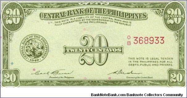 PI-130b RARE Central Bank of the Philippines 20 centavos note in series 3 - 3. Banknote