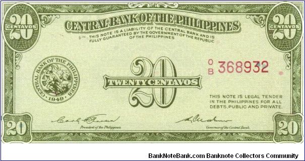 PI-130b RARE Central Bank of the Philippines 20 centavos note in series, 2 - 3. Banknote