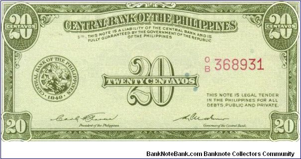 PI-130b RARE Central Bank of the Philippines 20 centavos note in series, 1 - 3. Banknote