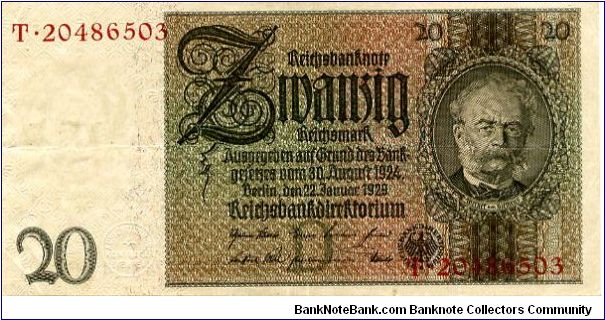 Berlin 30 Aug 1924
20Rm Brown/Green
Seal Black with a white control seal a 'D'
Front Serial # above Value, 2/3 frame, Value above date, Values above Mans Head
Rev Cherubs each side of Man holding Hammer, Value above & below Cherubs  2/3 frame
Watermark Mans Head Banknote