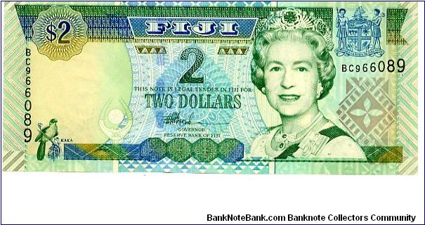 $2 2002
Green/Blue/Ocher
Value above bird, value in center, HRH State Arms
Rev Fiji above value, Native Fijians, Value above flowers
Security Thread
Watermark Natives head Banknote
