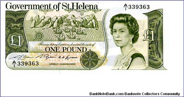 St Helena

£1 1981
Olive/Yellow
Front Value, Ships anchoring of St Helena, HRH, Value
Rev Coat of Arms, Value, Ship at Anchor
Security thread
Watermark No Banknote