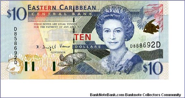 2000
$10
Multi 
Governor K D Venner
Front Fish, Turtle, Goverment House, HRH EII 
Rev Admiralty Bay, Map, The Warspite, fish
Security Thread
Watermark Queens Head Banknote