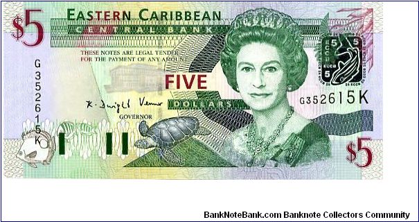 $5 2003   
Multi
Governor K D Venner
Front Fish, Turtle,HRH EII 
Rev Admiral House Antigua & Barbuda, Gold fish over map, Trafalgar falls
Security Thread
Watermark Queens Head Banknote