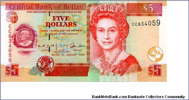 $5 1 Jan 2002
Red/Carmine/Orange
Front Thomas Potts, Coat of arms, Fish, HRH
Rev Mahogany tree, Black orchid, toucan, Baird's tapir, Collage of scenes from St George's Caye prior to 1931
Security thread
Watermark Sleeping Giant Banknote