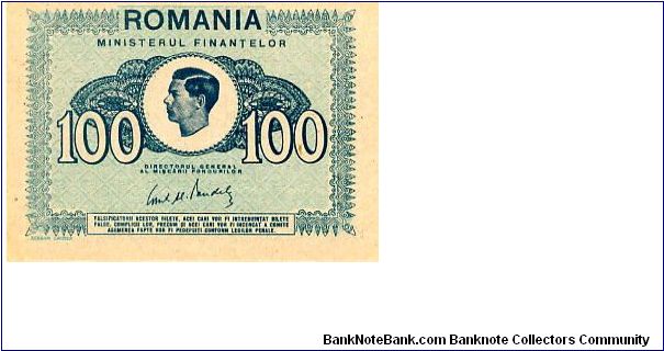 100L 1945
Aqua
Ministery of Finance note
Front Inner frame Kings Head in center values either side
Rev Value in cornersM over F each side of a blank circle
Watermark Crosses & Figures Banknote