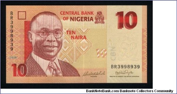 10 Naira.

A. Ikoku at left on face; two women with bowls on heads at center right on back.

Pick #NEW Banknote