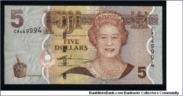 5 Dollars.

Queen Elizabeth II at center right on face; Crested Iguana, Balaka Palm and Masiratu flower on back.

Pick #NEW Banknote