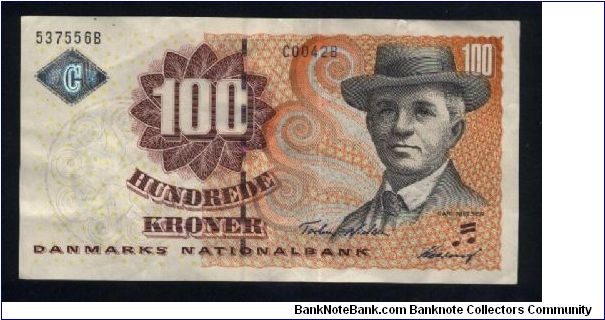 100 Kroner.

Carl Nielsen at right on face; basilisk stone relief from Tommerby Church in Thy at left center on back.

Pick #61 Banknote